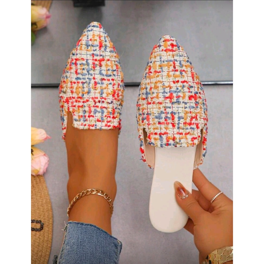 Womens Pointed Toe Mules Woven Tweed Slip On Flats Fashion Shoes size 6.5 us